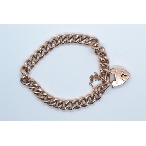 3 - 9ct rose gold curb link bracelet with heart-shaped padlock clasp, each link stamped '9c', 15.84 gram... 