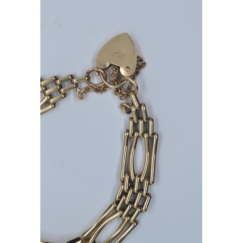 4 - 9ct gold gate link bracelet with heart-shaped padlock clasp, 12.2 grams