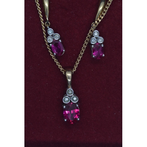 22 - 9ct gold, ruby & diamond pendant with chain & pendant earrings set, pendant length 21mm, ear... 