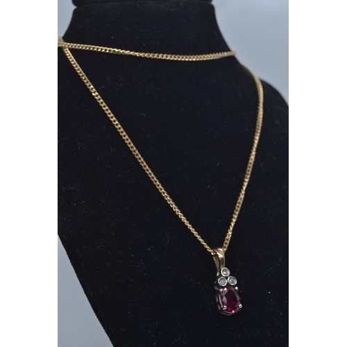 22 - 9ct gold, ruby & diamond pendant with chain & pendant earrings set, pendant length 21mm, ear... 