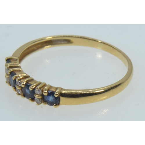 31 - Yellow metal, sapphire & diamond half hoop ring, hallmarks rubbed but tests positive for 18ct go... 