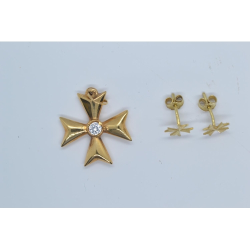 42 - 14ct gold & white stone Maltese cross pendant, together with a pair of 14ct gold Maltese cross e... 