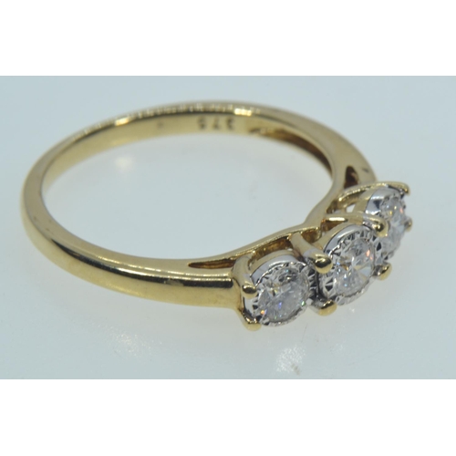 50 - 9ct gold & three stone diamond ring, tdw 0.50 carat, size O, 2.67 grams