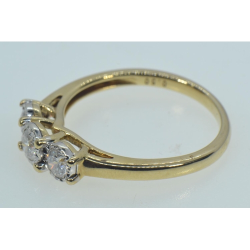 50 - 9ct gold & three stone diamond ring, tdw 0.50 carat, size O, 2.67 grams