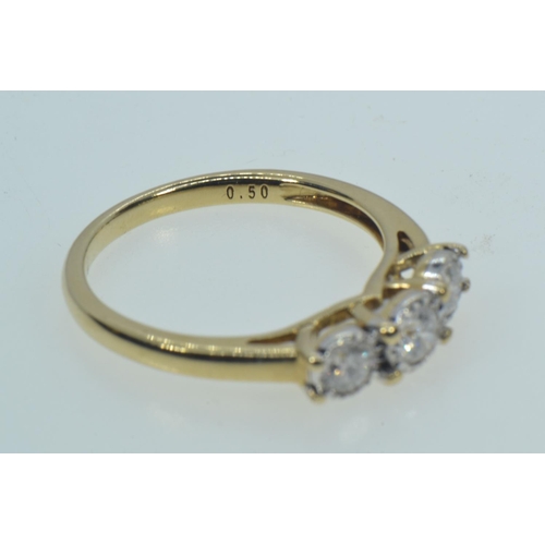 50 - 9ct gold & three stone diamond ring, tdw 0.50 carat, size O, 2.67 grams