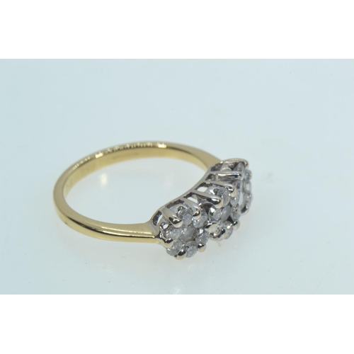 53 - 18ct gold triple cluster ring, size L1/2, 3.7 grams