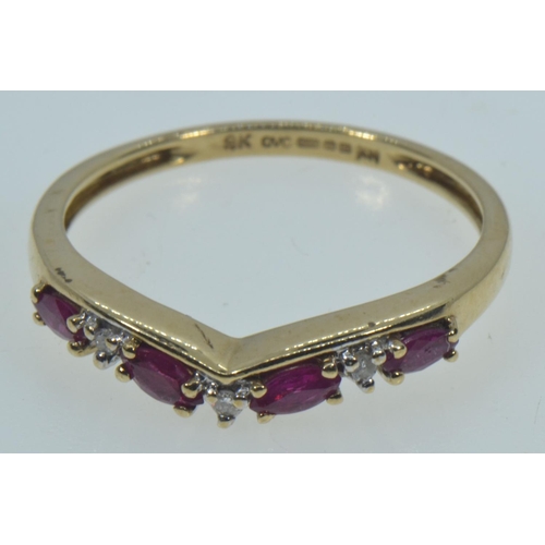 62 - 9ct gold, ruby & diamond wishbone ring, size P, 1.55 grams