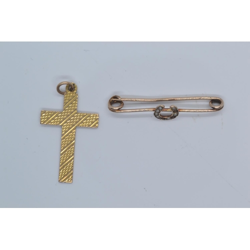 88 - 9ct gold textured cross pendant and a yellow metal & seed pearl brooch, marks worn, yellow metal... 