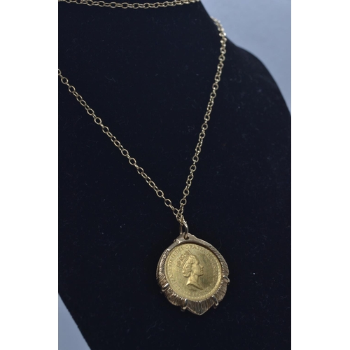 99 - 1/10 ounce gold 1996 £10 coin in a 9ct gold mount, with 9ct gold chain, gross weight 7.28 gram... 