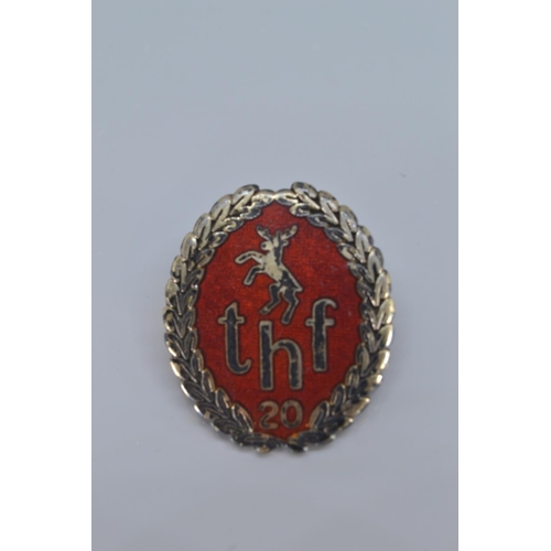 110 - 9ct gold & enamel 'THF' 40 year long service badge, 4.19 grams, together with a HM silver & ... 