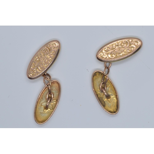 114 - Pair of 9ct gold cufflinks, engraved with foliate scrolls, gross weight 2.73 grams