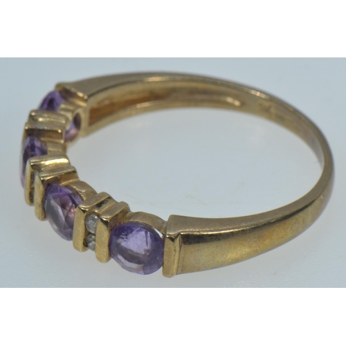 118 - 9ct gold, amethyst & diamond half hoop ring, size P, 2.24 grams