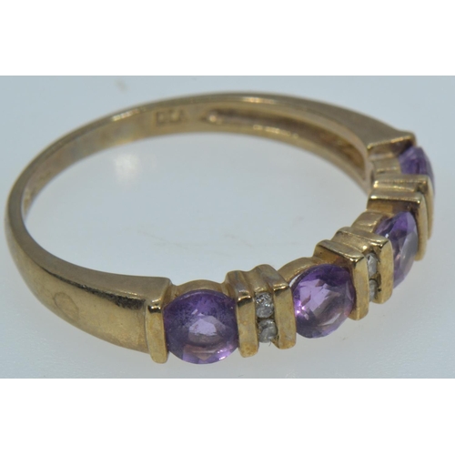 118 - 9ct gold, amethyst & diamond half hoop ring, size P, 2.24 grams