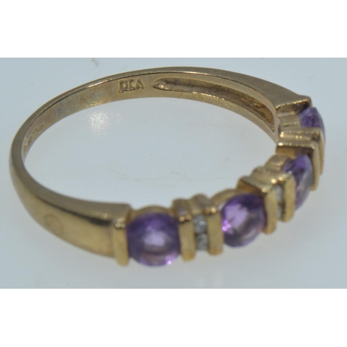 118 - 9ct gold, amethyst & diamond half hoop ring, size P, 2.24 grams