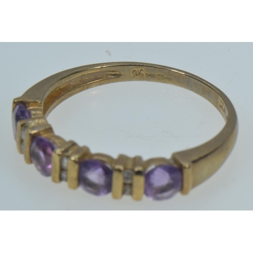 118 - 9ct gold, amethyst & diamond half hoop ring, size P, 2.24 grams