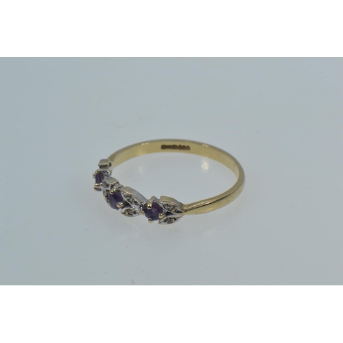 132 - 9ct gold, diamond chip & amethyst ring, size R, 1.72 grams