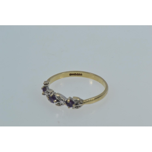 132 - 9ct gold, diamond chip & amethyst ring, size R, 1.72 grams