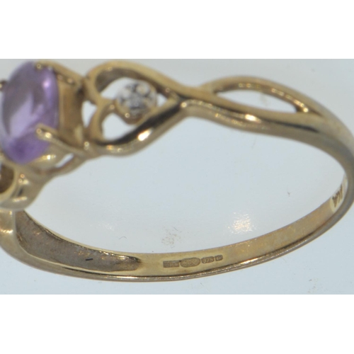 136 - 9ct gold, amethyst & diamond ring, size P, 1.45 grams