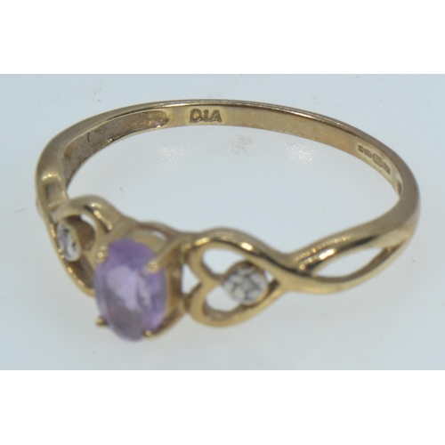 136 - 9ct gold, amethyst & diamond ring, size P, 1.45 grams