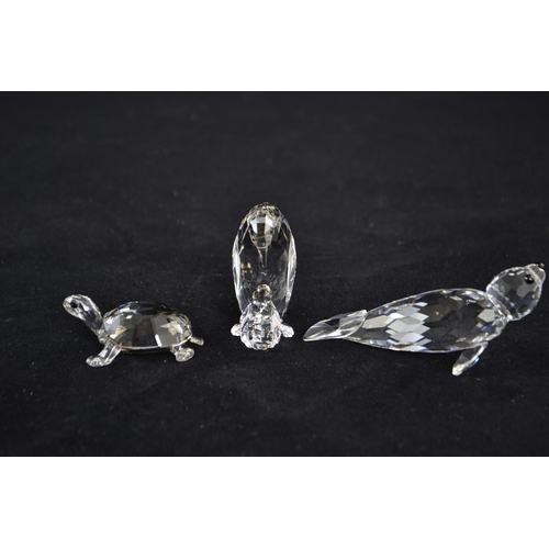 248 - Three Swarovski animal figures, including large seal, no. 012261; sea turtle, no. 4954679, A9100NR00... 