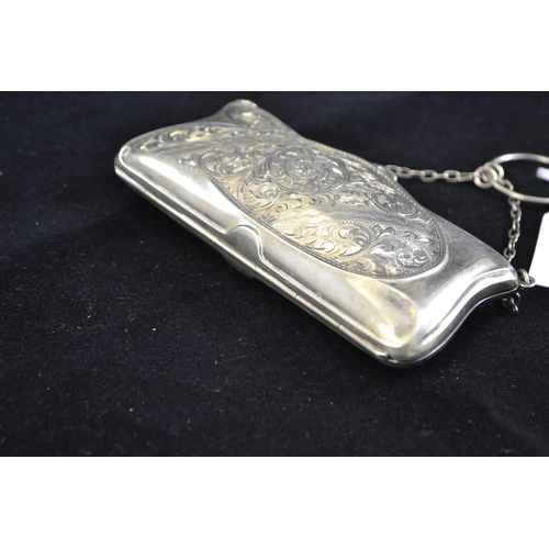 197 - Silver ladies purse, maker's mark indistinct, Chester 1919, with foliate scroll decoration & fin... 