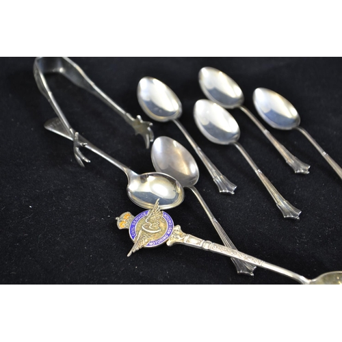 198 - Part set of five silver coffee spoons, Civil Service Motoring Associated enamelled spoon, another sp... 