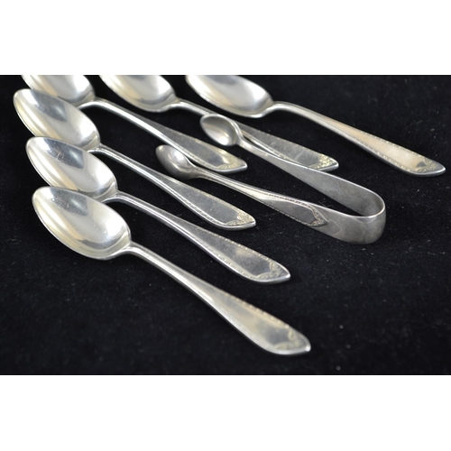 182 - Set of six silver coffee spoons & pair of sugar nips, maker Daniel & Arter, Birmingham 1922,... 