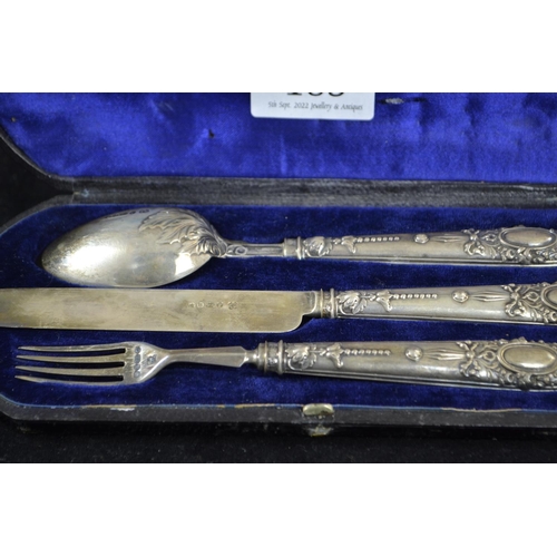 183 - Boxed Victorian silver christening set, including fork, knife & spoon, maker RMEH, Sheffield 186... 