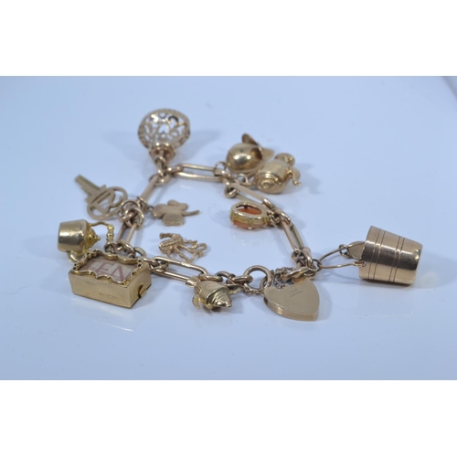 49 - 9ct gold charm bracelet with heart-shaped padlock clasp, suspending twelve 9ct gold charms, each lin... 