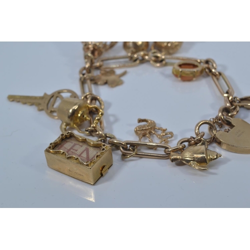 49 - 9ct gold charm bracelet with heart-shaped padlock clasp, suspending twelve 9ct gold charms, each lin... 