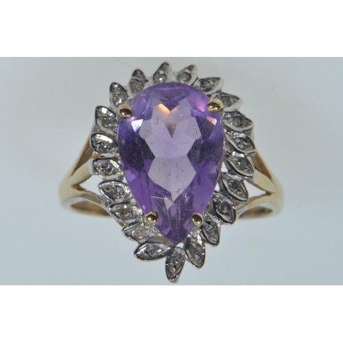 157 - 9ct gold, amethyst & diamond cluster ring, size P, 3.6 grams