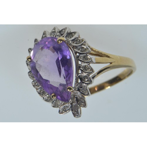 157 - 9ct gold, amethyst & diamond cluster ring, size P, 3.6 grams