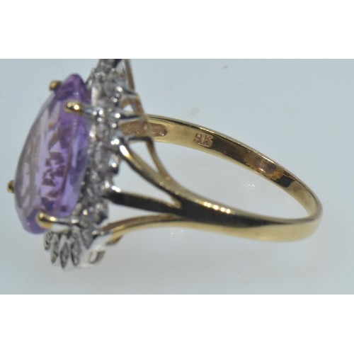 157 - 9ct gold, amethyst & diamond cluster ring, size P, 3.6 grams