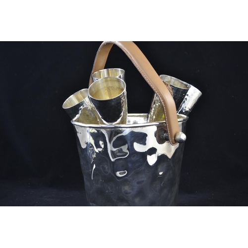 359 - Silver plated ice bucket with carrying strap and 6 matching picnic goblets