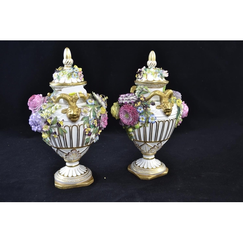 350 - Pair of John Bevington porcelain floral encrusted vases and covers, late 19th century, with gilt ram... 