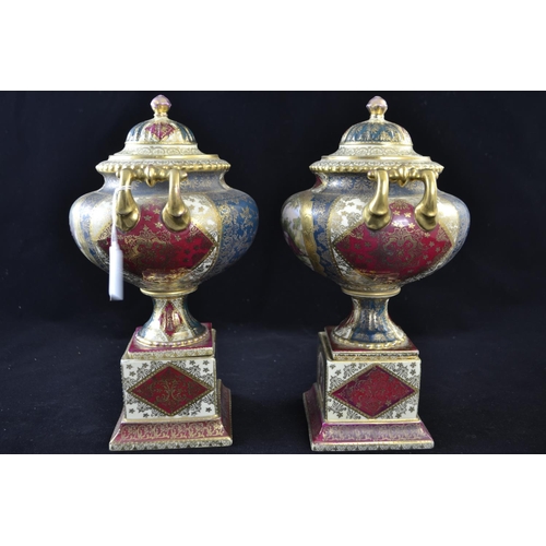 351 - Pair of Vienna style porcelain twin-handled urns & covers, painted & printed with classical ... 