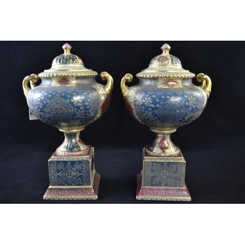 351 - Pair of Vienna style porcelain twin-handled urns & covers, painted & printed with classical ... 