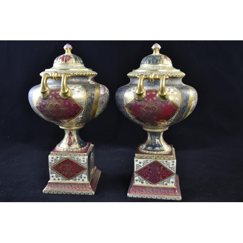 351 - Pair of Vienna style porcelain twin-handled urns & covers, painted & printed with classical ... 