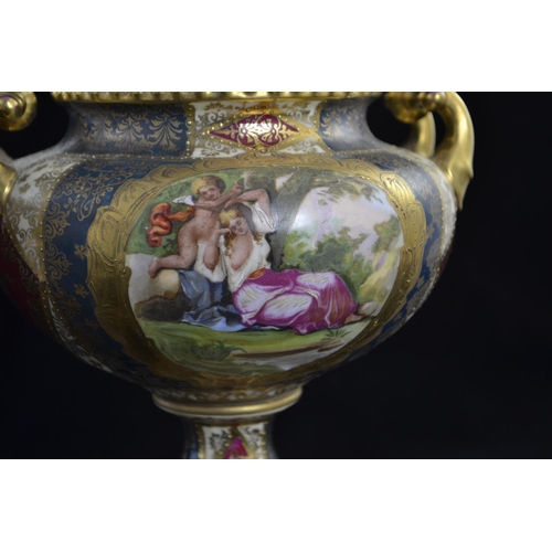 351 - Pair of Vienna style porcelain twin-handled urns & covers, painted & printed with classical ... 