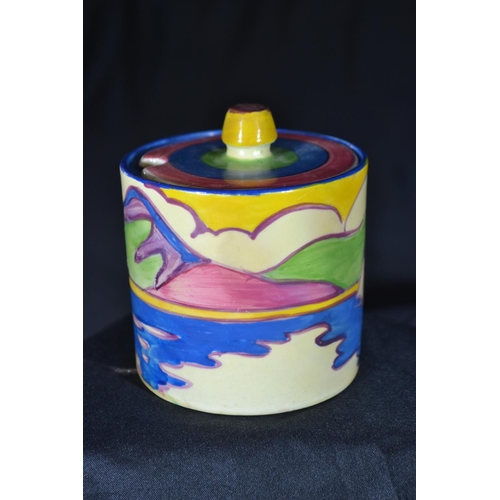 435 - Clarice Cliff Fantasque Bizarre 'Gibraltar' pattern cylindrical preserve pot and cover, printed fact... 