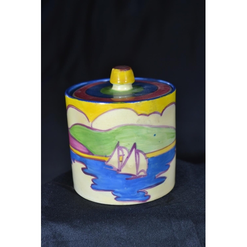 435 - Clarice Cliff Fantasque Bizarre 'Gibraltar' pattern cylindrical preserve pot and cover, printed fact... 