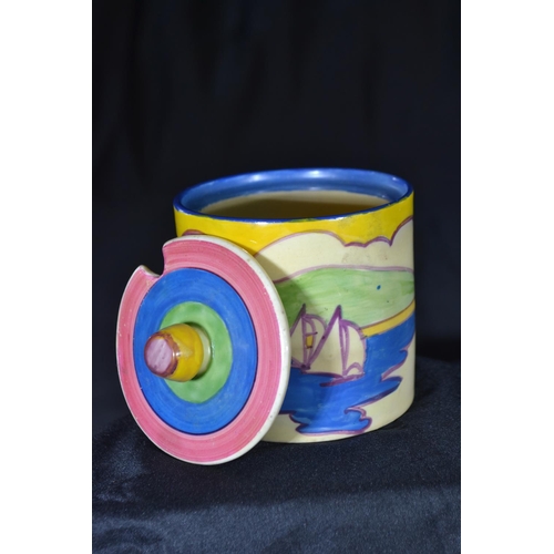 435 - Clarice Cliff Fantasque Bizarre 'Gibraltar' pattern cylindrical preserve pot and cover, printed fact... 