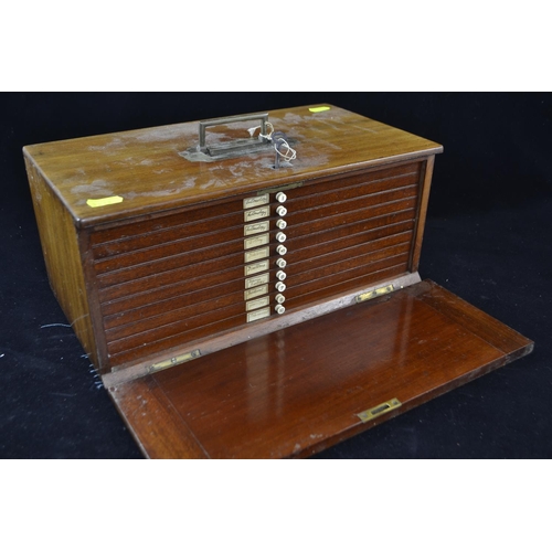 388 - C19th lockable wooden microscope slide case with sunken brass handle, brass fittings and ten drawers... 