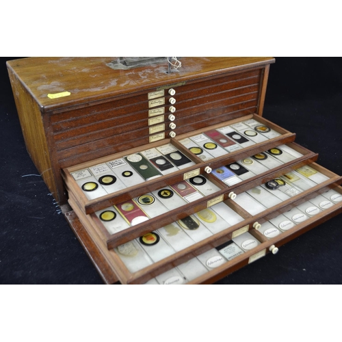 388 - C19th lockable wooden microscope slide case with sunken brass handle, brass fittings and ten drawers... 