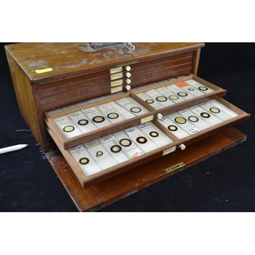 388 - C19th lockable wooden microscope slide case with sunken brass handle, brass fittings and ten drawers... 