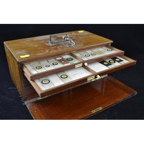 388 - C19th lockable wooden microscope slide case with sunken brass handle, brass fittings and ten drawers... 