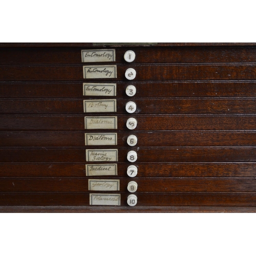 388 - C19th lockable wooden microscope slide case with sunken brass handle, brass fittings and ten drawers... 