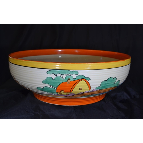 440 - Clarice Cliff large ribbed bowl, circa 1932, in Orange Roof Cottage design with printed Bizarre Fant... 