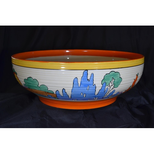 440 - Clarice Cliff large ribbed bowl, circa 1932, in Orange Roof Cottage design with printed Bizarre Fant... 