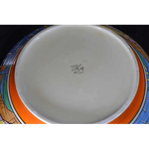 440 - Clarice Cliff large ribbed bowl, circa 1932, in Orange Roof Cottage design with printed Bizarre Fant... 